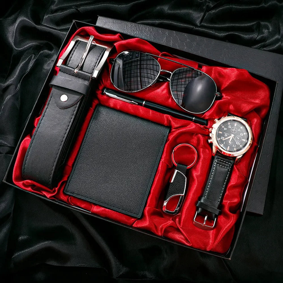 SHAARMS Luxury 6-in-1 Men's Gift Set: Watch, Glasses, Pen, Keychain, Belt & Purse