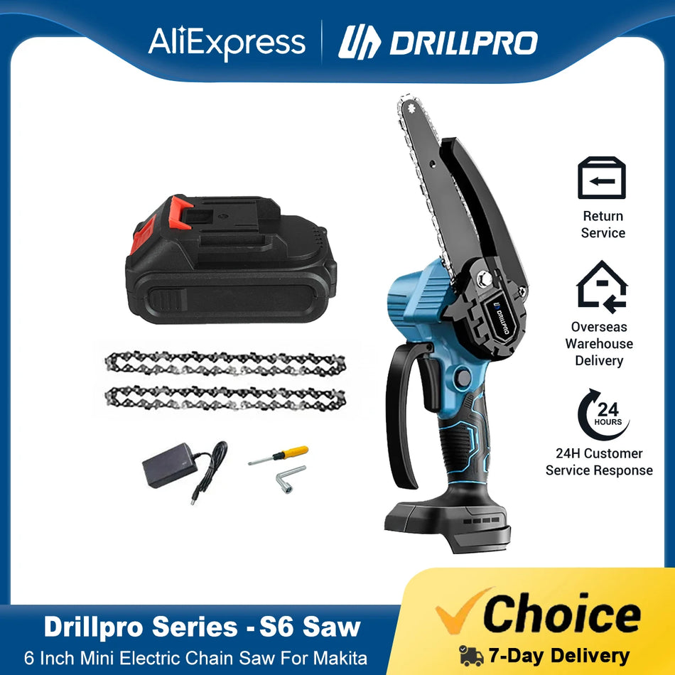 Drillpro 6 Inch Mini Electric Chain Saw Rechargeable Woodworking Pruning Logging Saw Garden Power Tool for  Battery