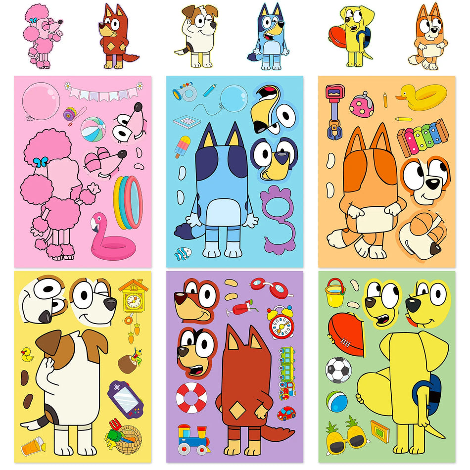 🔵 6Sheets Bluey Sticker Children Puzzle Stickers Make-a-Face Funny Assemble Jigsaw DIY Cartoon Sticker Kids Educational Toys