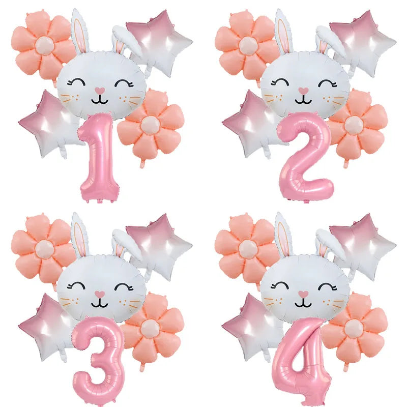 Rabbit Daisy Balloon Set with 40" Pink Number Balloon - Easter & Birthday Party Decoration - Cyprus