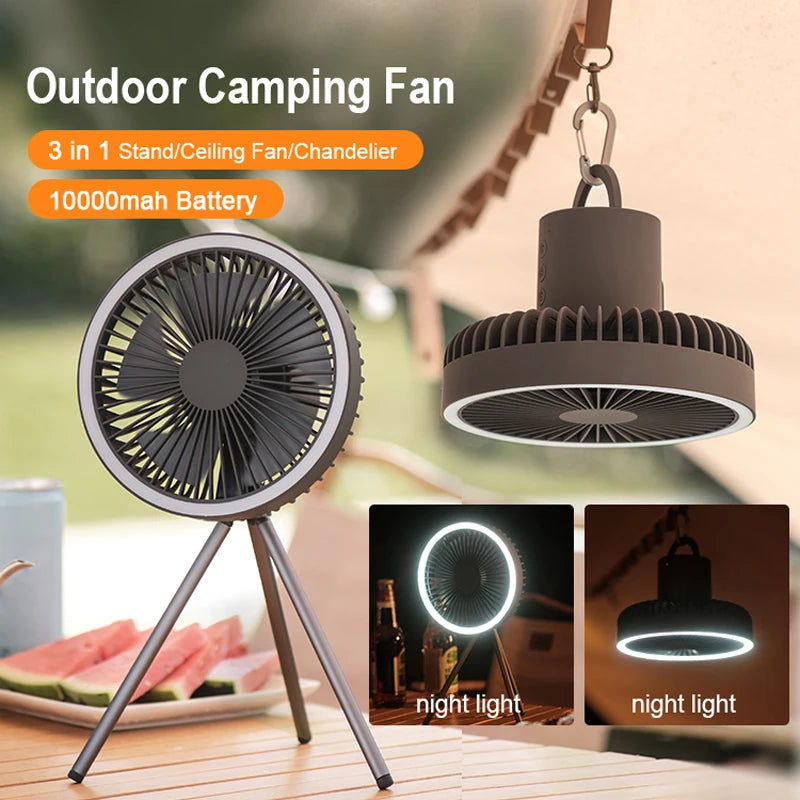 Portable Rechargeable Camping Fan with Power Bank and LED Lighting