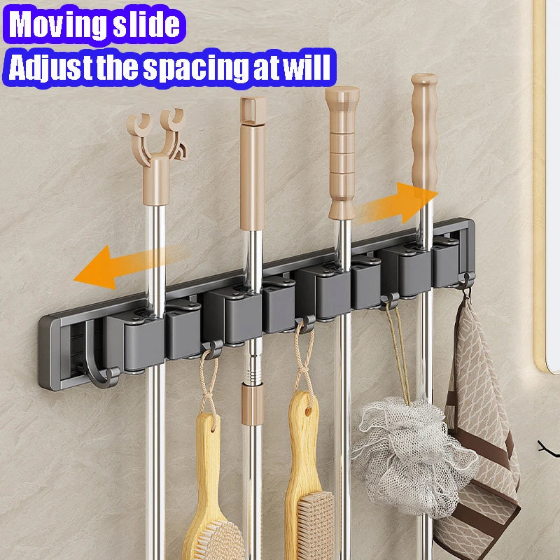 No punching aluminum alloy mop rack bathroom wall broom hanger wall-mounted mop clip hook buckle