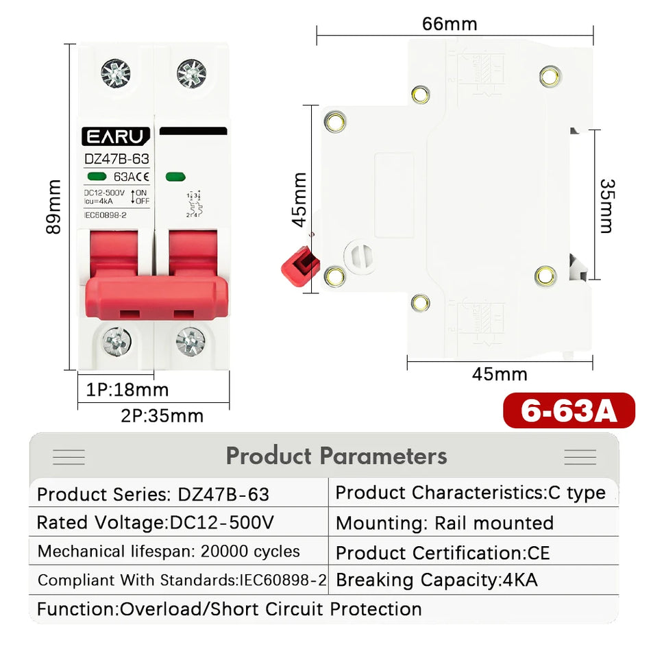 قاطع دائرة التيار المستمر من EARUEELETRIC DZ47 - مفتاح حماية البطارية 1P/2P (12V-500V)