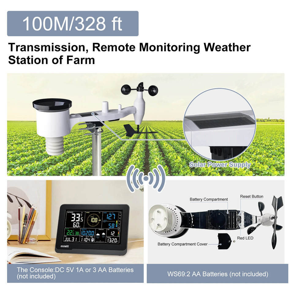 Station météorologique Wi-Fi Ecowitt WS3900 avec réseau de capteurs solaires 7 en 1 et affichage de couleur de 7,5 pouces