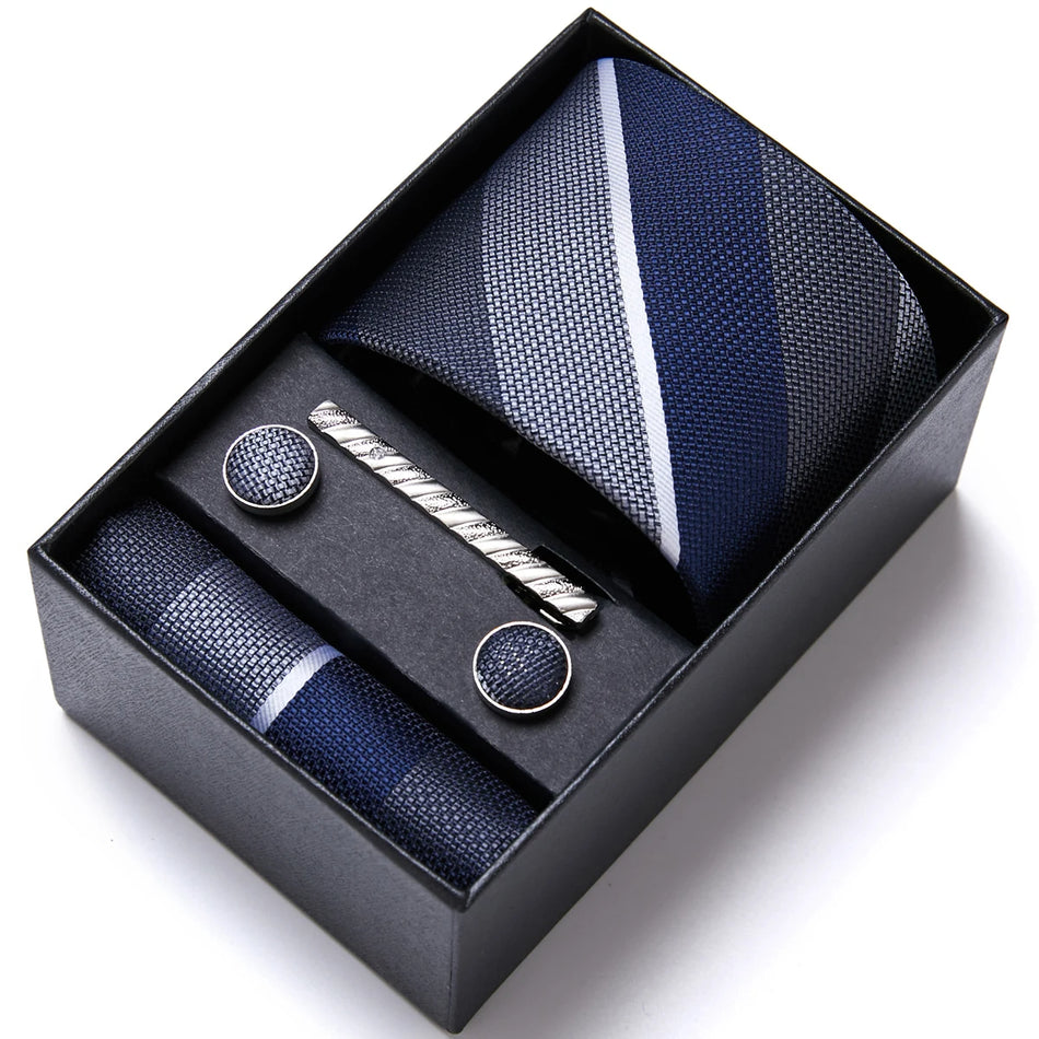 VanGise Blue Striped Necktie Set with Pocket Square and Cufflinks, Perfect for Weddings and Workplace