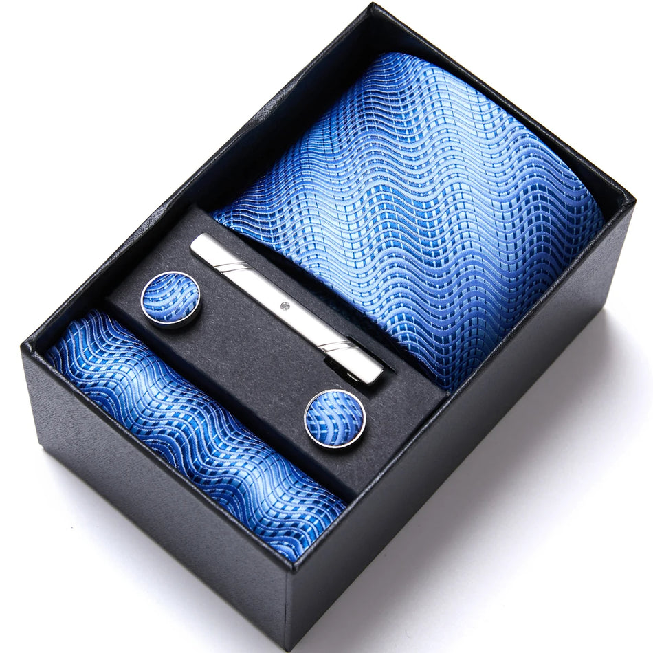 VanGise Blue Striped Necktie Set with Pocket Square and Cufflinks, Perfect for Weddings and Workplace