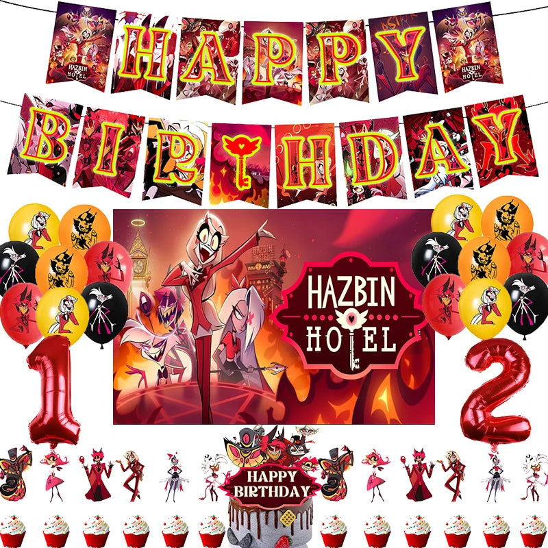 Hazbined Birthday Party Decoration Set with Balloons, Banner, and Cake Topper - Cyprus