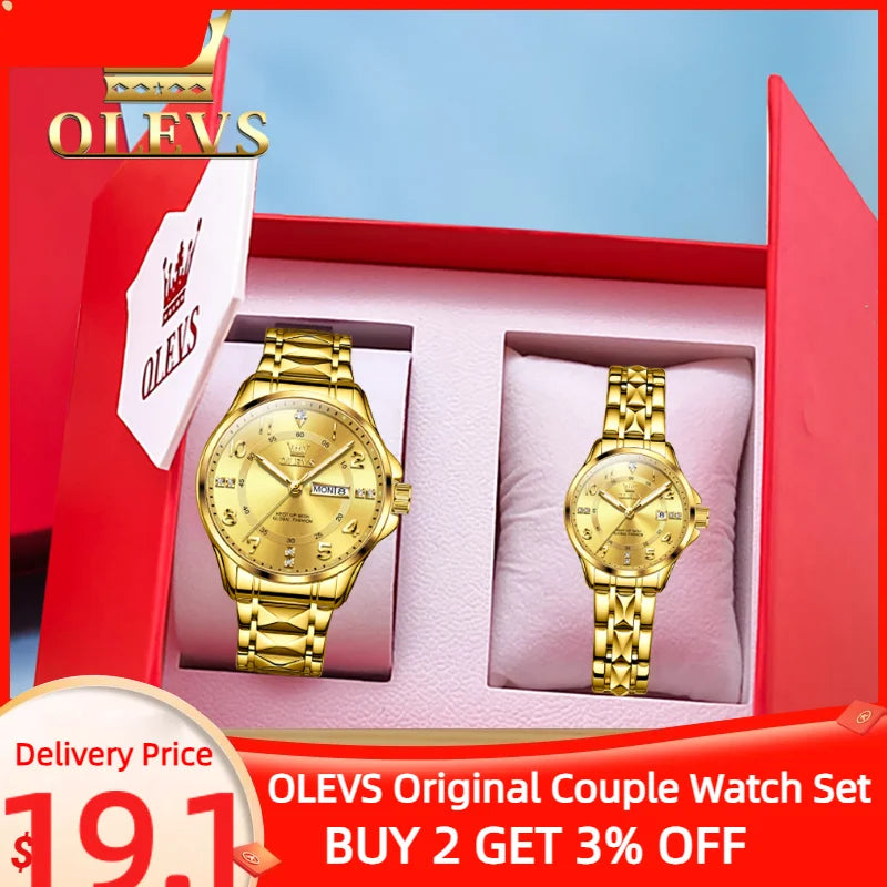 Olevs 2910 Yeni Çift Erkekler ve Kadınlar İçin İzle Klasikler Takvim Su Geçirmez Stainles Çelik Lover's Wristwatch Set Hediye Noel