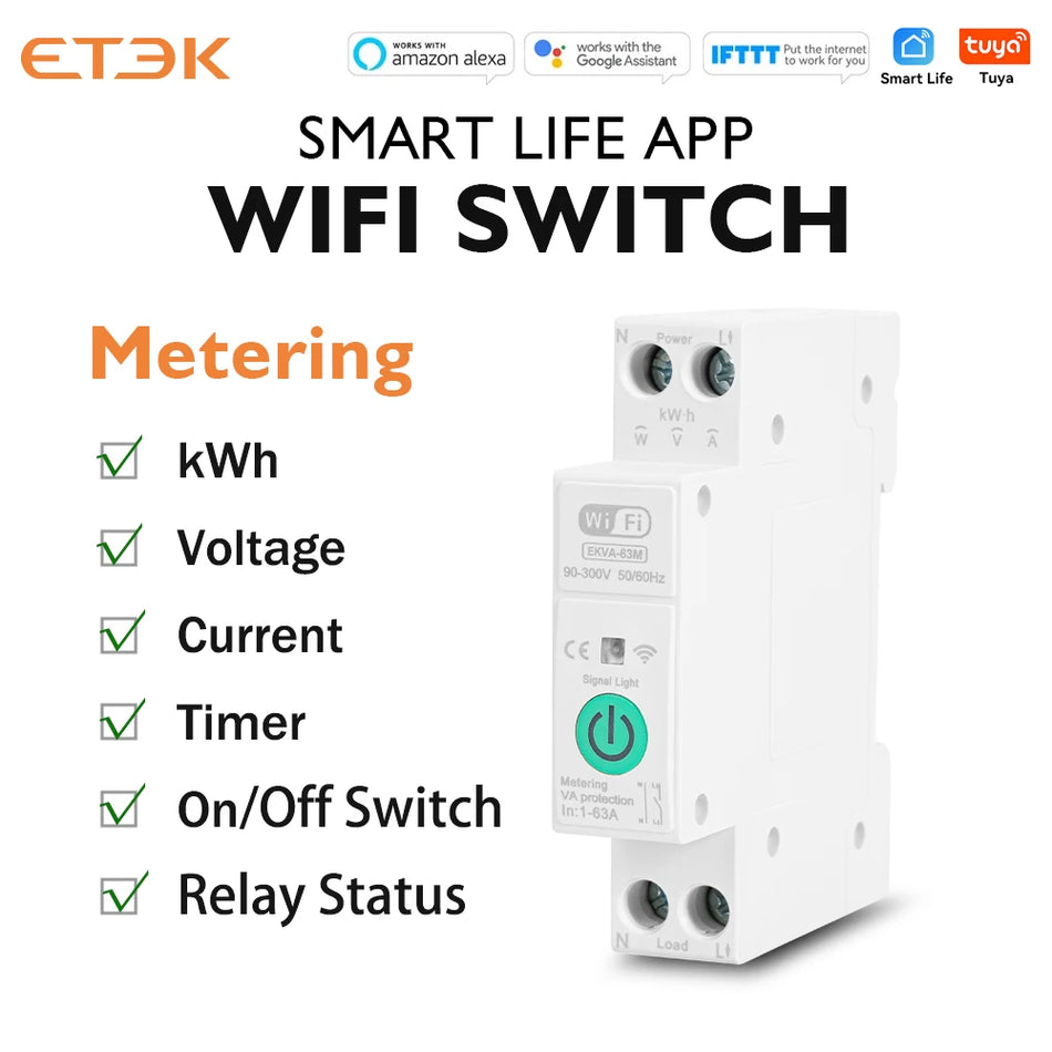 قاطع دائرة ETEK Smart Life WiFi MCB 1P+N 63A مع مراقبة الطاقة وجهاز التحكم عن بعد