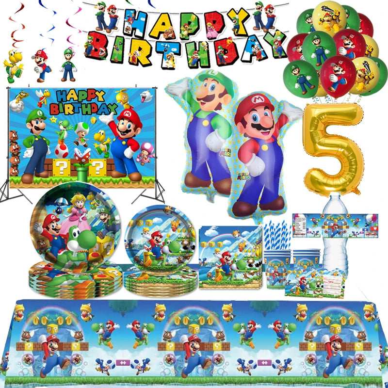 🔵 Süper Mario Doğum Günü Partisi Malzemeleri - Masa örtüsü, bardak, tabak, balon ve daha fazlası - Ücretsiz gönderim - Kıbrıs