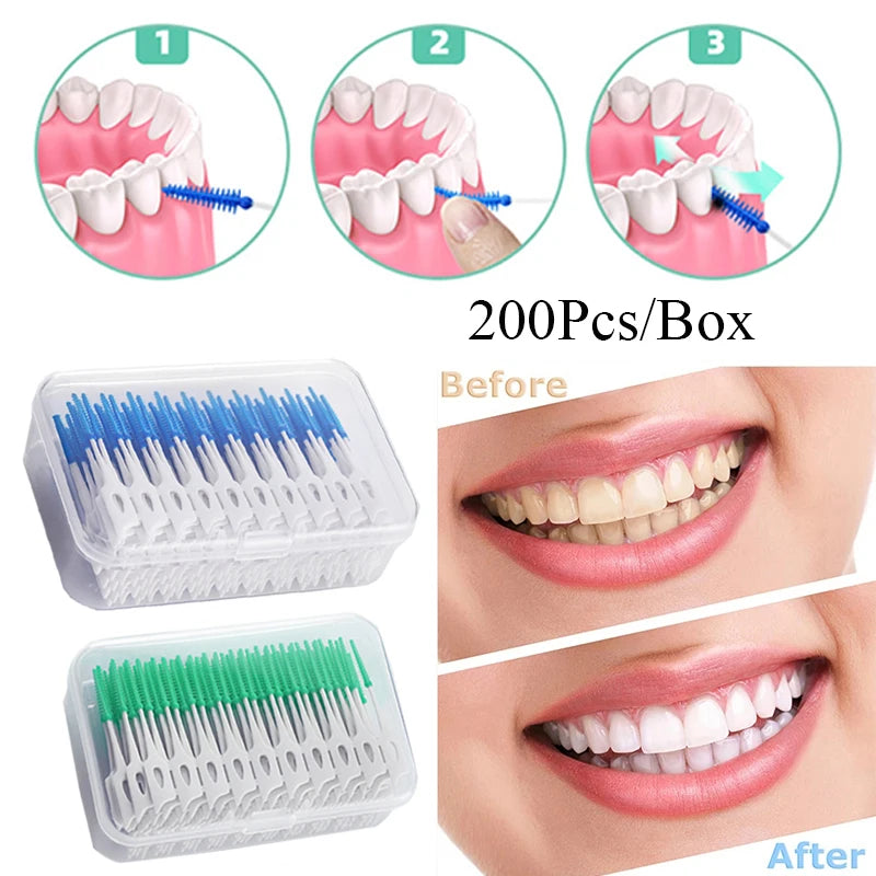 Interdental Silicone Brushes 200 Units Dental Toothpicks Brush Between Teeth   With Thread Oral Cleaning Tools