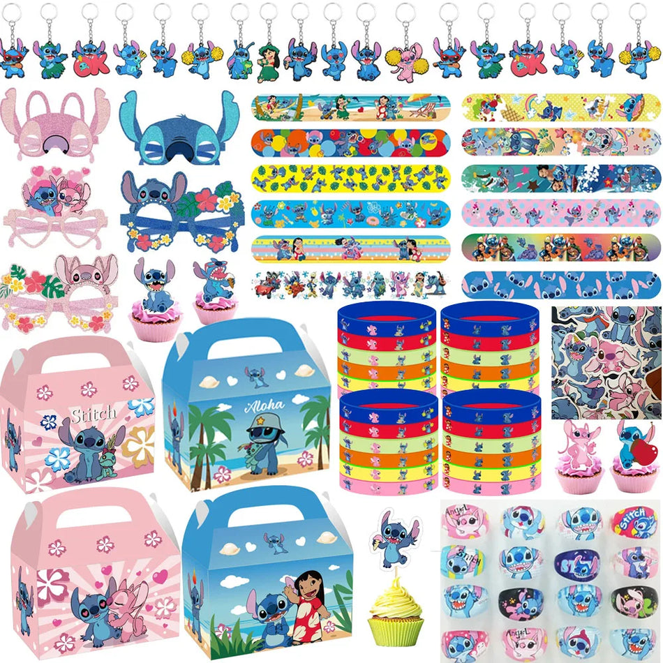 🔵 Stitch Birthday Party Favor Supplies Reusable Masks Slap Bracelets Ring Kids Birthday Decorations  Paper bag Candy Bags Stickers