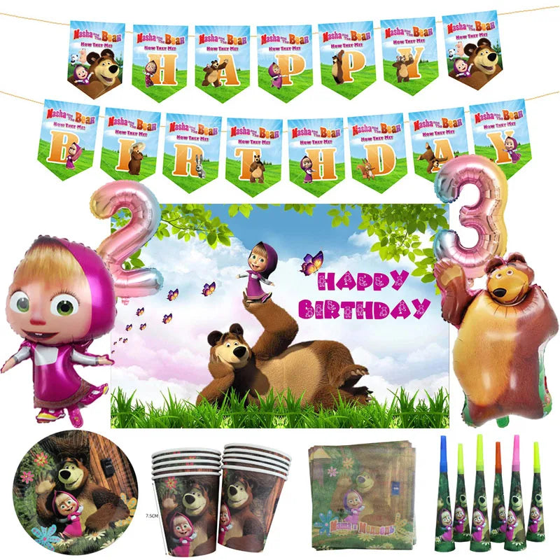 🔵 Mashas and Bear Birthday Party Decorations - Cartoon Party Supplies Balloons Cake Toppers Backdrop Gifts - Cyprus