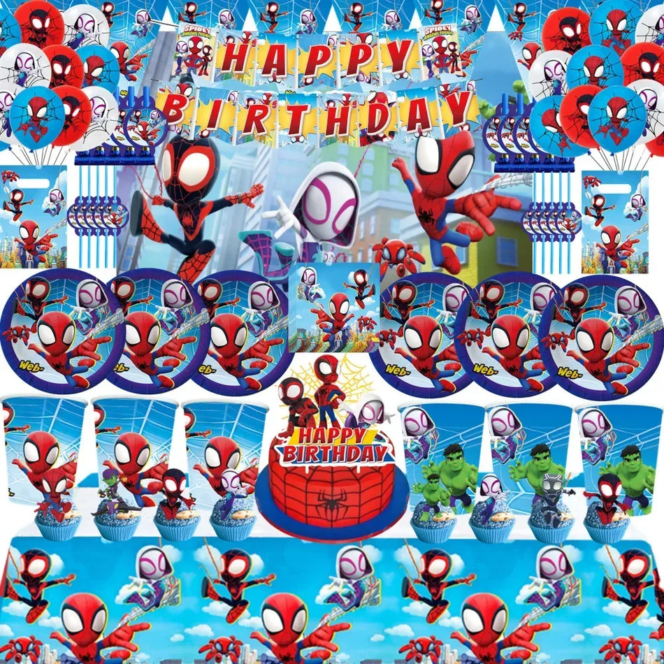 🔵 Spidey и его удивительные друзья для вечеринки поставляют бумажную табличку скатерть паука тема Человека для детского душа воздушные шары детские услуги