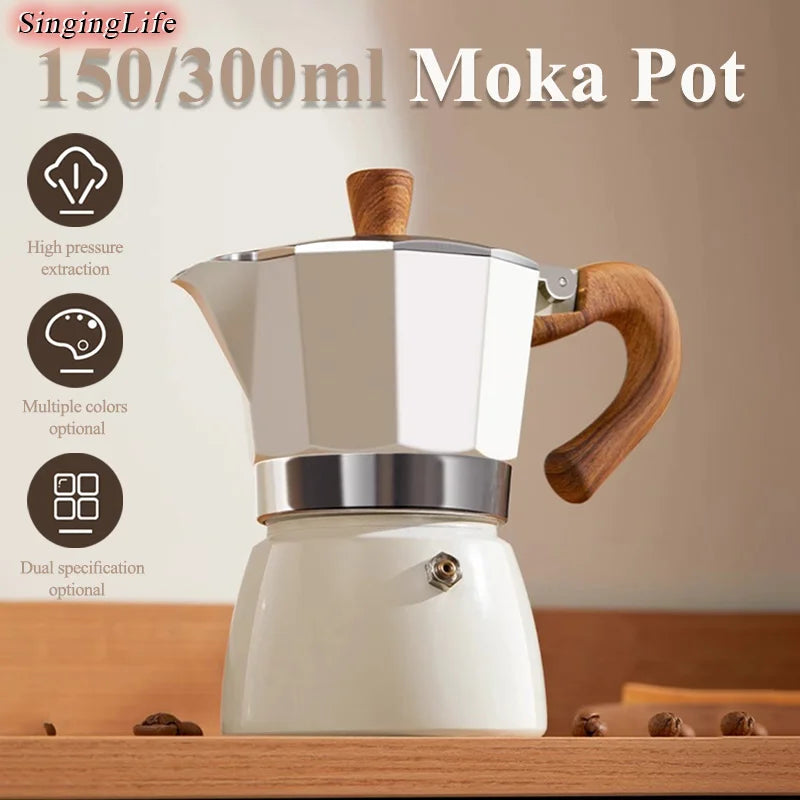 Pot de moka avec poignée en bois - Maker d'espresso en alliage en aluminium de qualité alimentaire