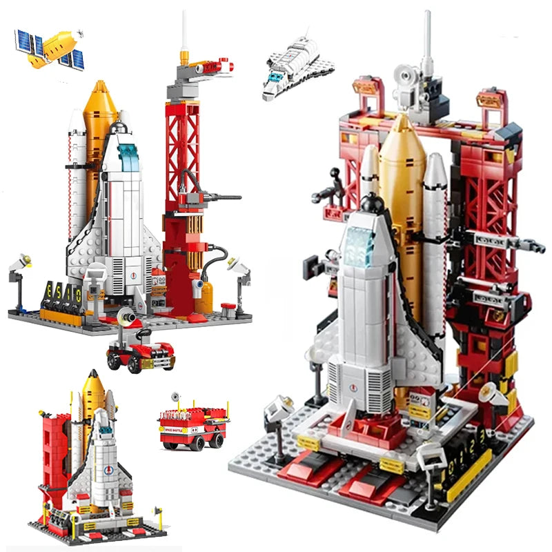 Model Building Blocks Space Rocket Launching City Aerospace Space Station Shuttle Ship Astronaut Bricks Toys Children