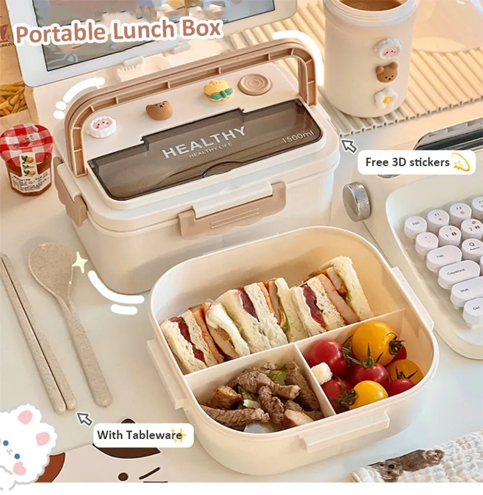 Nette tragbare Lunchbox mit Fach für Mädchenschule Kinder Plastik Picknick Bento Box Mikrowellen -Lebensmittel -Lagerbehälter