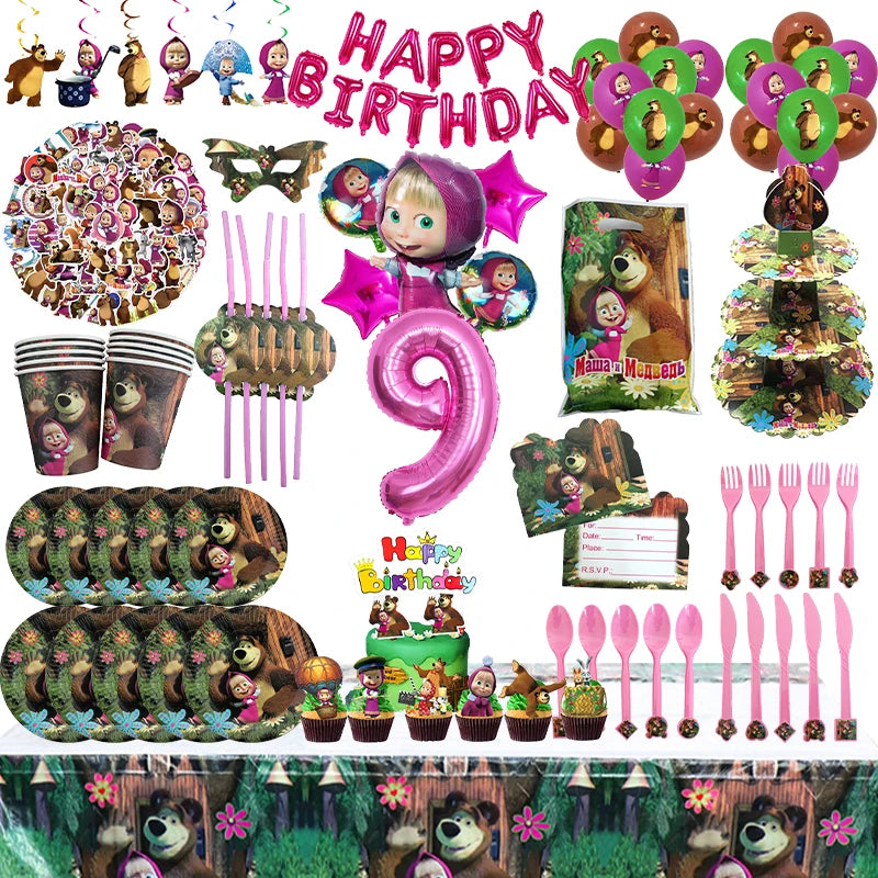 🔵 Masha и The Bear Birthday Party Deciation - одноразовая посуда, подставка для торта, бумажные тарелки, чашки, воздушные шары, поставки детский душ - Кипр