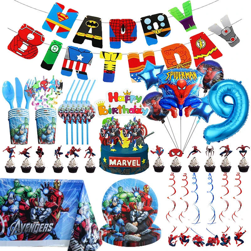 Disney Marvel Birthday Decoration The Avengers Birthday Tableware Set Spiderman Balloon Banner Backdrop Kid Party Event Supplies