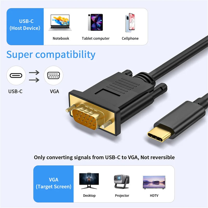 USB Tip C 3.1 - VGA adaptör kablosu 1080p erkek -erkek video dönüştürücü - Kıbrıs