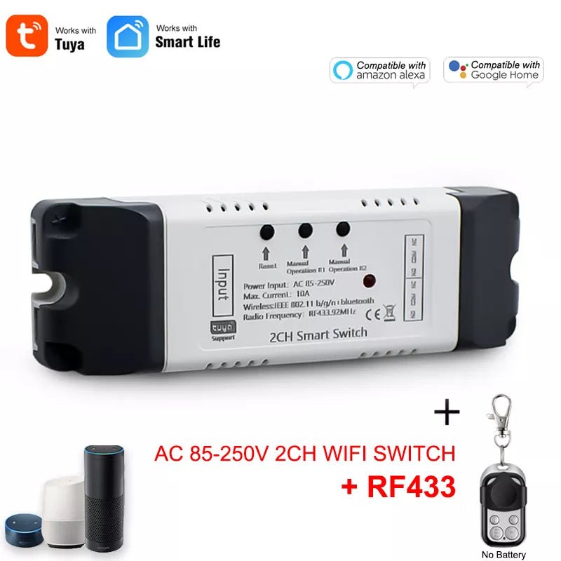 WiFi Smart Switch 12V 24V 110V 220V 85-250V 2Ch Relaismodul RF 433 Fernbedienung Arbeit mit Alexa Google Home Tuya SmartLife