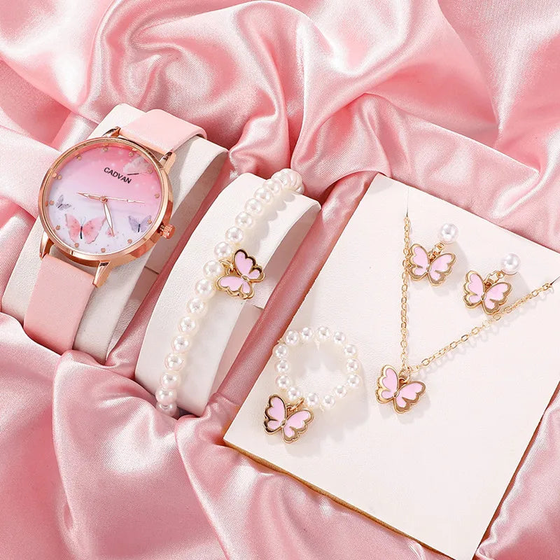 Eleganter Frauenquarz -Uhr -Set mit rosa Schmetterlingsschalter und Lederband