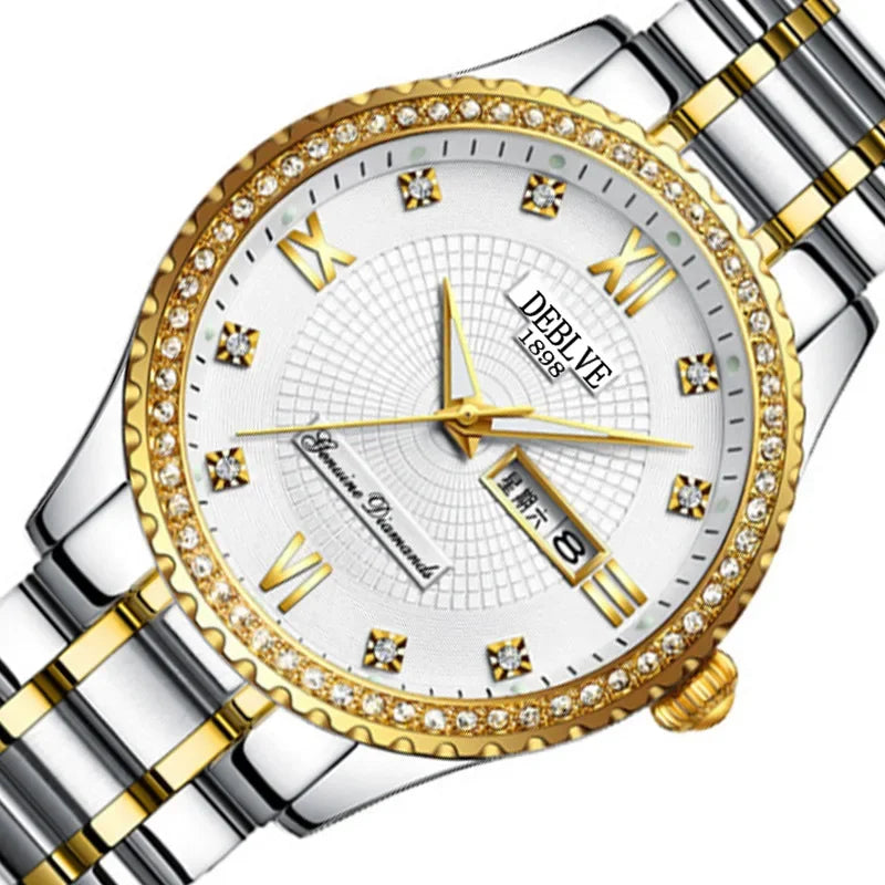 Luxury Stainless Steel Waterproof Quartz Watch for Men with Calendar Function