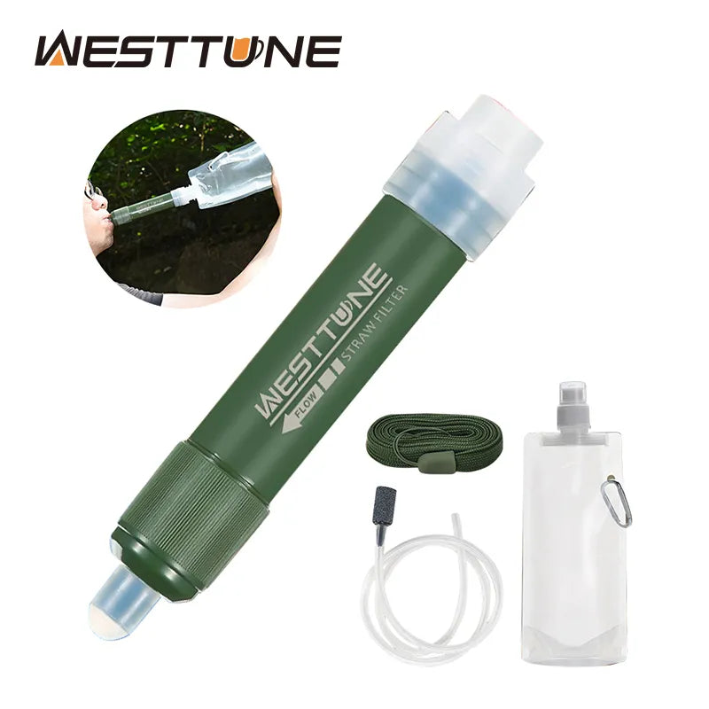 Westtune Outdoor Mini Kamp Saflaştırma Su Filtresi Saman Tup Karbon Fiber Su Çantası Hayatta kalma veya acil durum malzemeleri için