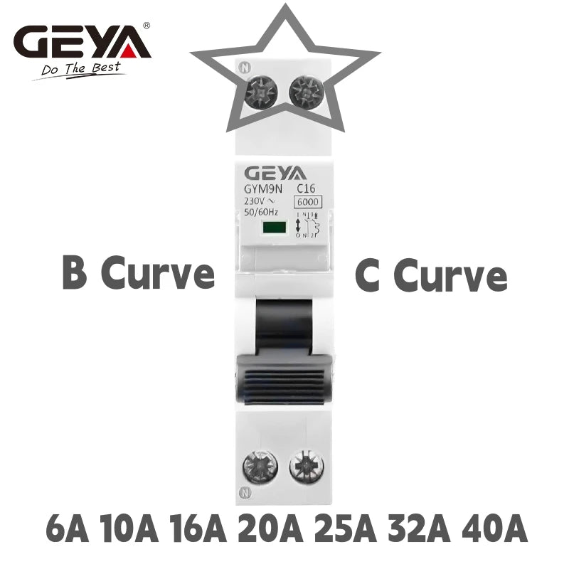 Geya Gym9N Mini Circuit Breaker 1P+N, 6A-40A, C/B καμπύλη, 6ka