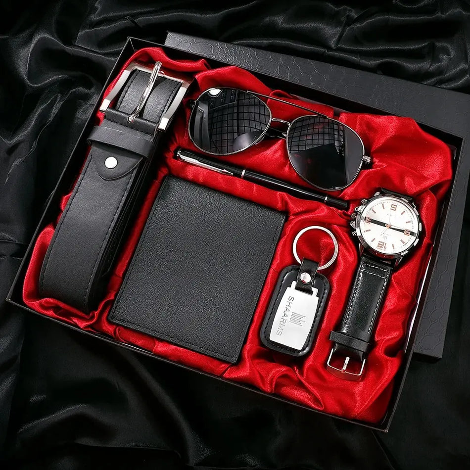 Luxury Men's 6-in-1 Gift Set: Watch, Glasses, Pen, Keychain, Belt & Wallet