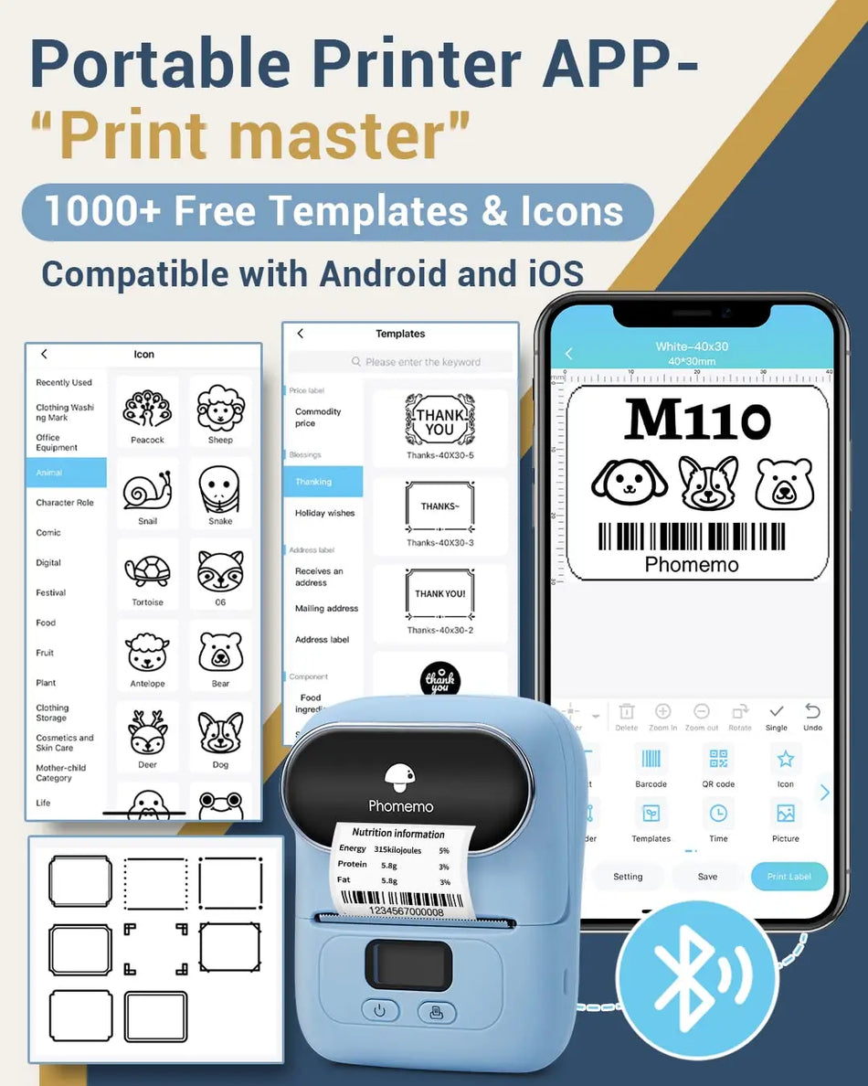 Phomemo M110 Termal Kablosuz Etiket Yazıcı Sticker Mini Yazıcı Barkod Bluetooth Etiket Maker Fiyat Etiketi Yazıcılar Ücretsiz Uygulama