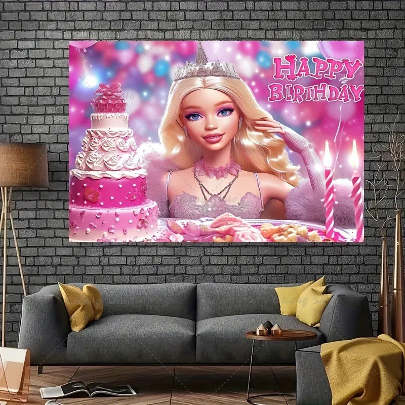 🔵 Barbie Kız Doğum Günü Pastası Partisi Dekorasyon Arka Plan Bez - Kıbrıs