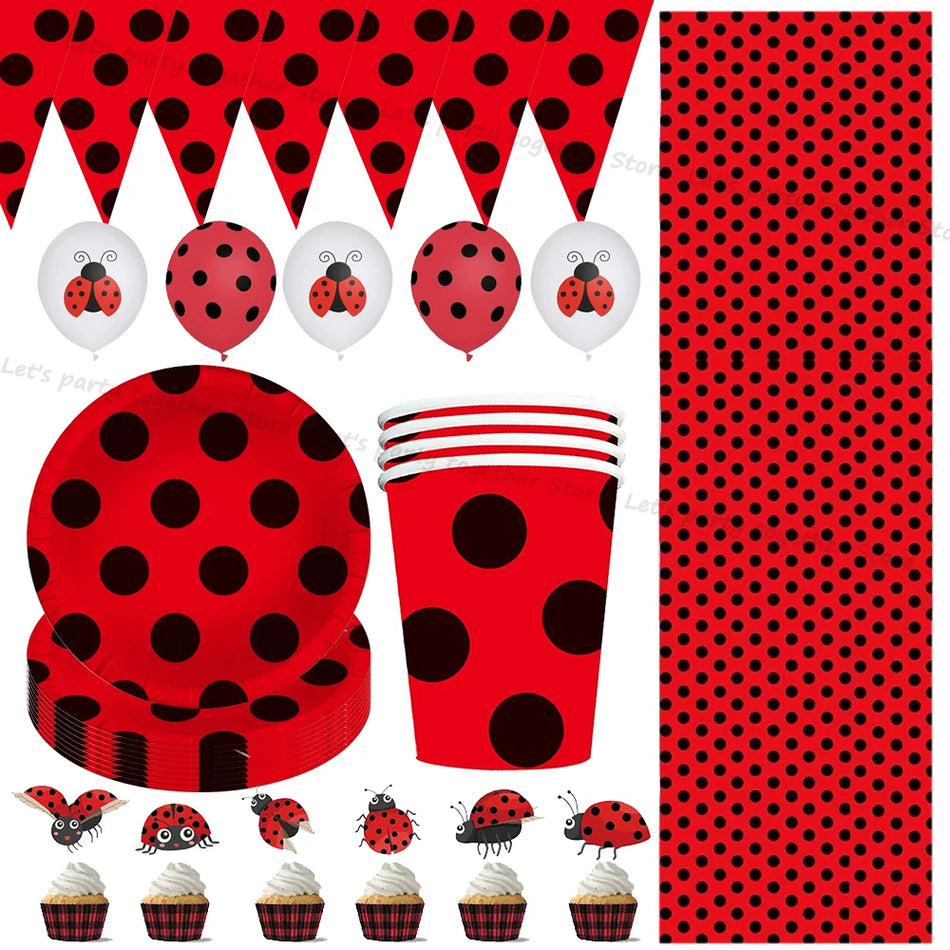 🔵 Disney Lady Bug Doğum Günü Partisi Malzemeleri Kırmızı Siyah Polka Nokta Kağıt Kek Topper Kupası - Kıbrıs