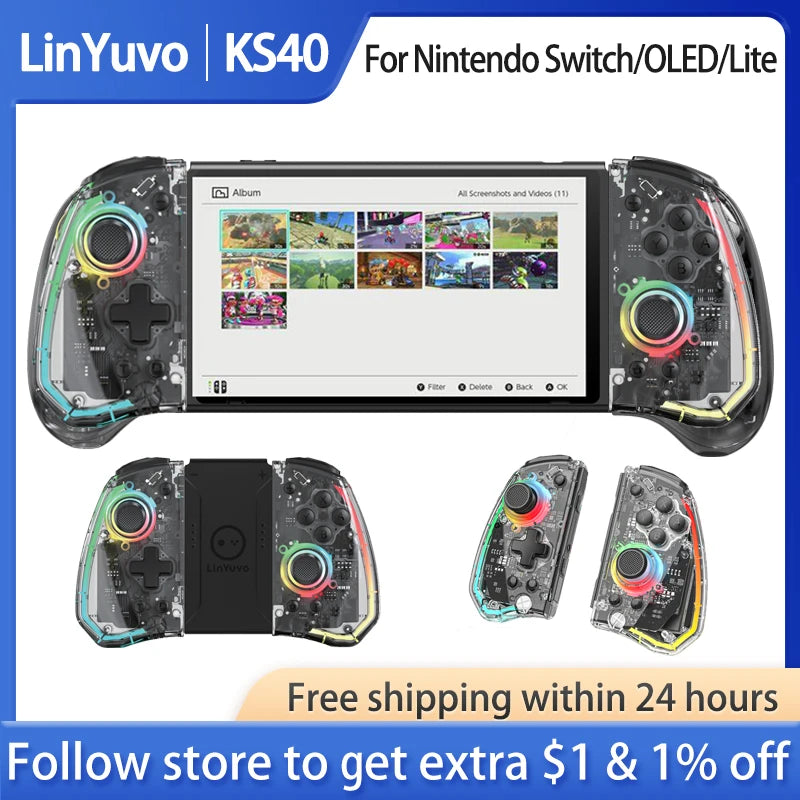 Linyuvo KS40 Wireless Gamepad Transparent JoyPad Wake Up 6 Achse Games Controller Metal Joystick für Nintendo Switch/OLED -Konsole