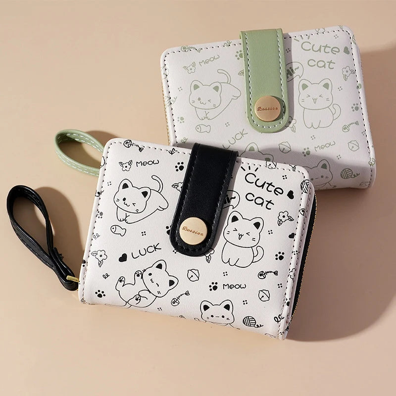 Cute Cat Girl Zipper Wallet for Women – Fashionable Short Card Holder and Coin Purse