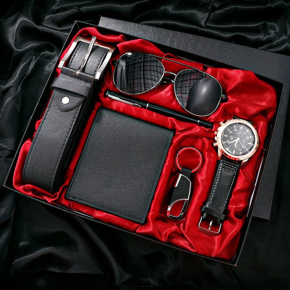 SHAARMS Luxury 6-in-1 Men’s Gift Set: Watch, Glasses, Pen, Keychain, Belt & Purse