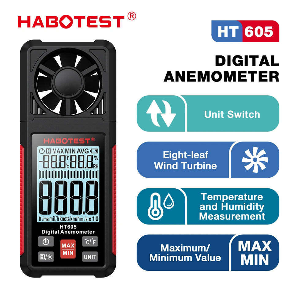 Habotest HT605 Tragbares digitales Anemometer mit LCD -Display