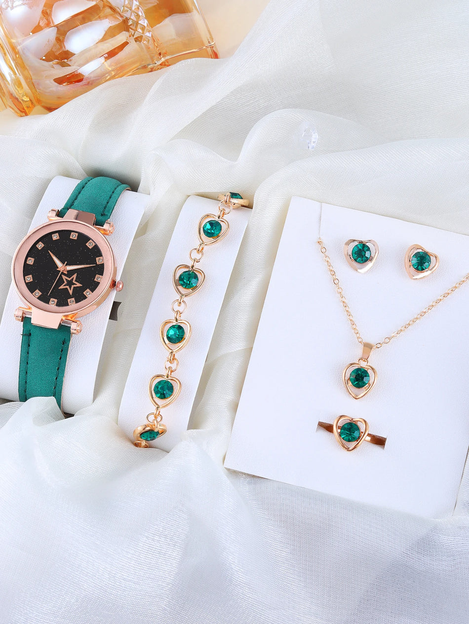 Purple Five-Pointed Star Quartz Watch & Hollow Necklace Set