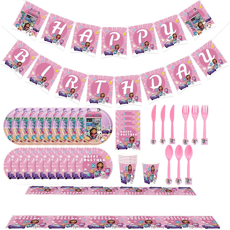 Gabbys Dollhouse Birthday Decoration Cats Balloon Disposable Tableware Backdrop For Girl Gabby Doll House Figures Party Supplies