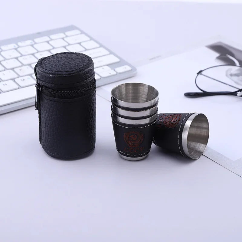 Stainless Steel Travel Cups Set with PU Leather - 4pcs Outdoor Camping Tableware 🏕️