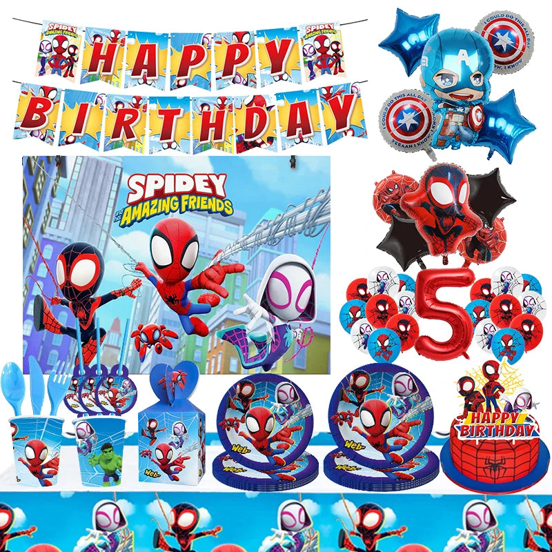 🔵 Spidey ve muhteşem arkadaşları örümcek adam doğum günü dekorasyonu tek kullanımlık sofra takımı peçete masa örtüsü bebek duş parti malzemeleri