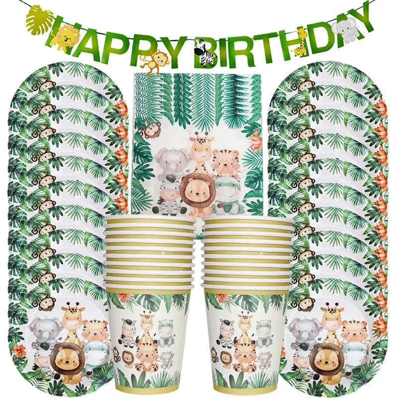 Jungle Birthday Party Decor Animal Palm Leaves Disposable Tableware Set - Cyprus