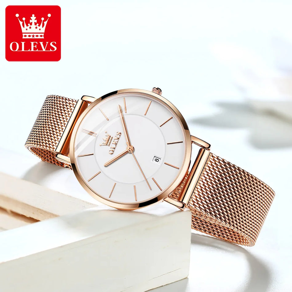 OLEVS Rose Gold Ultra Thin Women's Quartz Watch - Waterproof & Japanese Movement - Gift Box