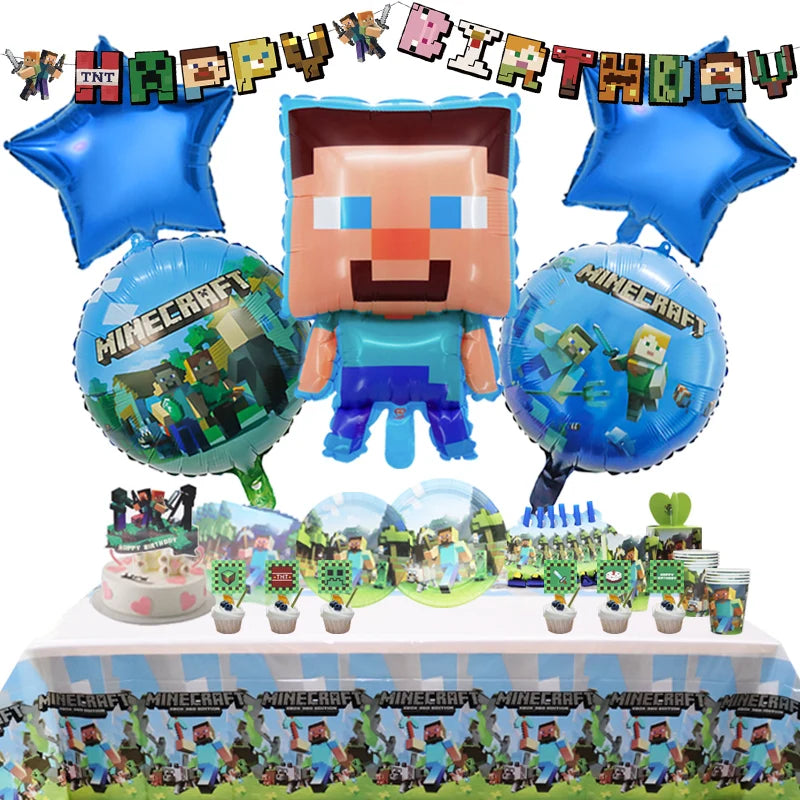 Décoration de fête d'anniversaire minecraft Steve Alex Foil Latex Balloon Kid Event Fournitures Banner de vaisselle jetable