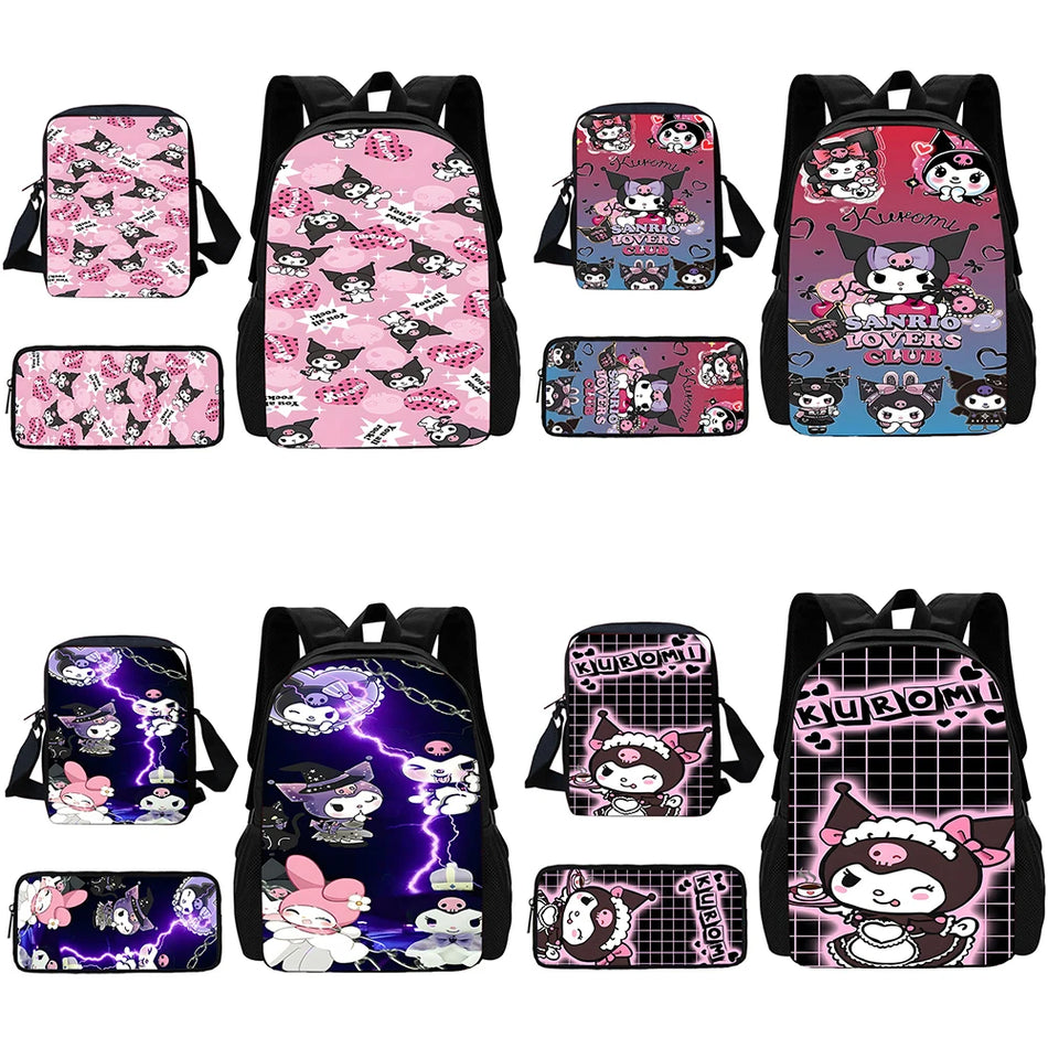 Lindo conjunto de mochila escolar de 3 piezas de Kuromi para niños 