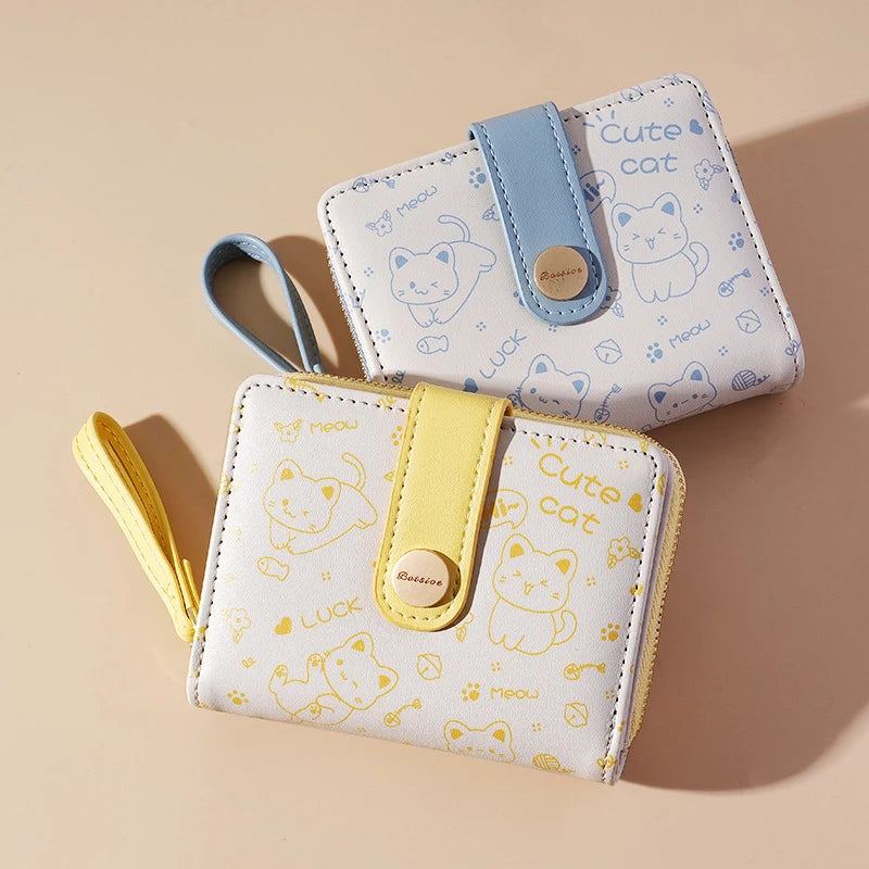 Cute Cat Girl Zipper Wallet for Women – Fashionable Short Card Holder and Coin Purse