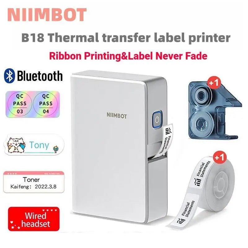 Niimbot B18 Termal Transfer Etiketi Yazıcı Kablosuz Bluetooth Bağlantısı, B18 Çıkartma Kağıdı, Çeşitli Renk Şeridi Yazdırma