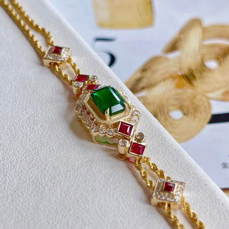 Geometric Synthetic Emerald Gemstone Bracelet for Women