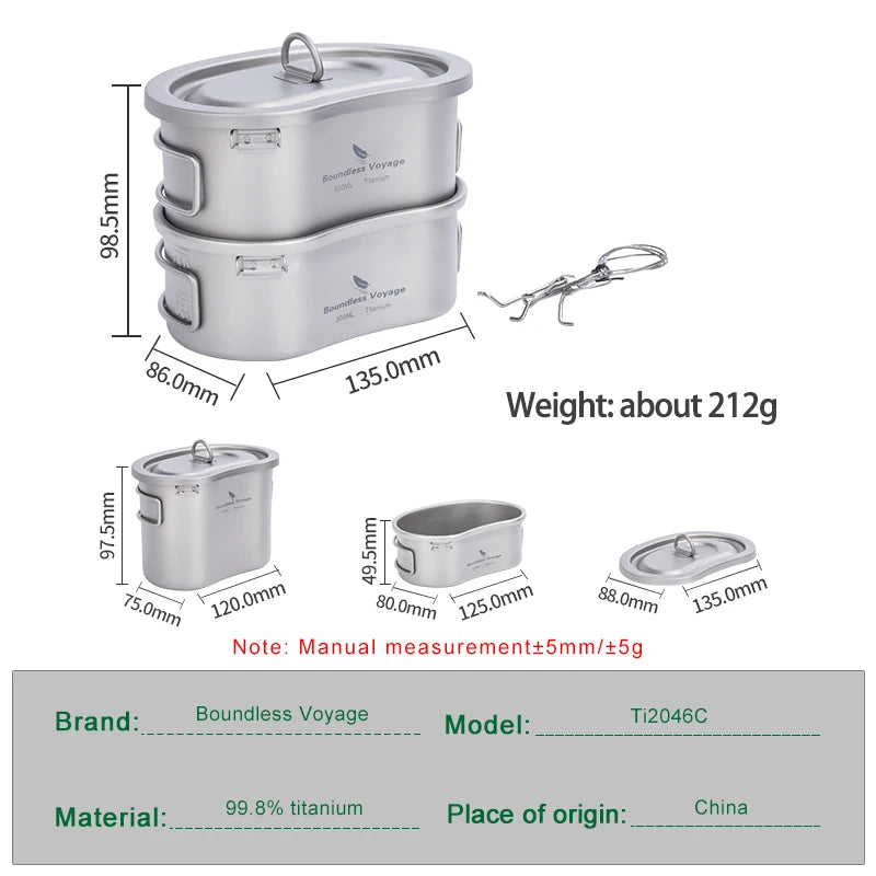 Sınırsız Yolculuk Titanyum Kamp Pot Pan Seti Asılı Yüzük Öğle Yemeği Kutusu Taşınabilir Kase Piknik Tencere Pişirme Kiti Açık hava için