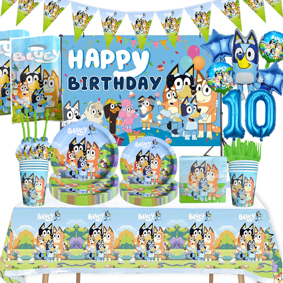 🔵 Blueys Dog Birthday Decoration Party Tableware Decorations Backdrop Banner Poster Number Balloon Set Candy Box Cake Topper Gift